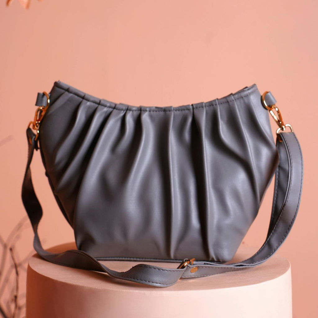 Grey Faux Leather Drape Shoulder Sling Bag