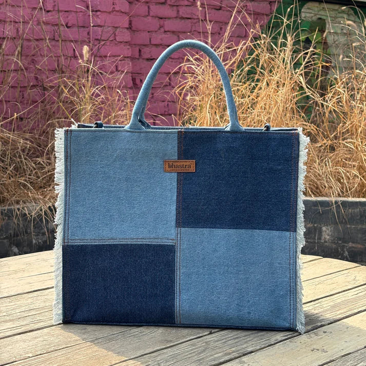Denim Fringe Box Tote Bag-denim trail