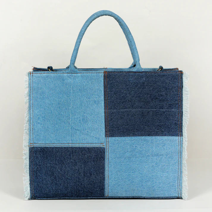 Denim Fringe Box Tote Bag-denim trail