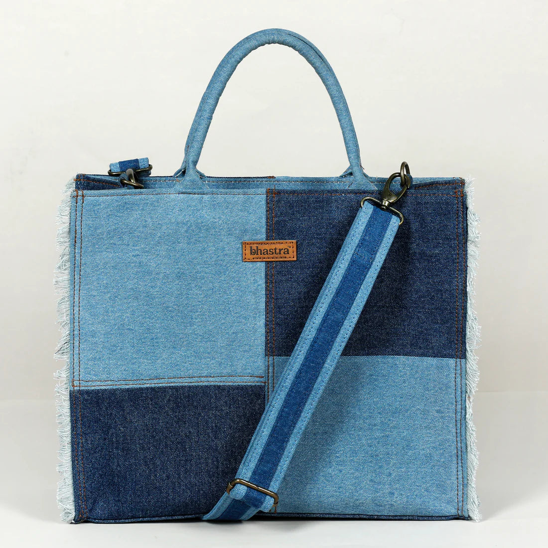 Denim Fringe Box Tote Bag-denim trail