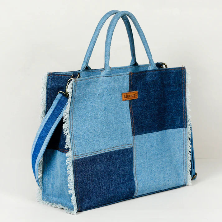 Denim Fringe Box Tote Bag-denim trail