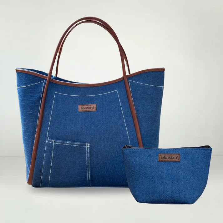 Deep Denim Tube Tote Bag(With Vanity Pouch)