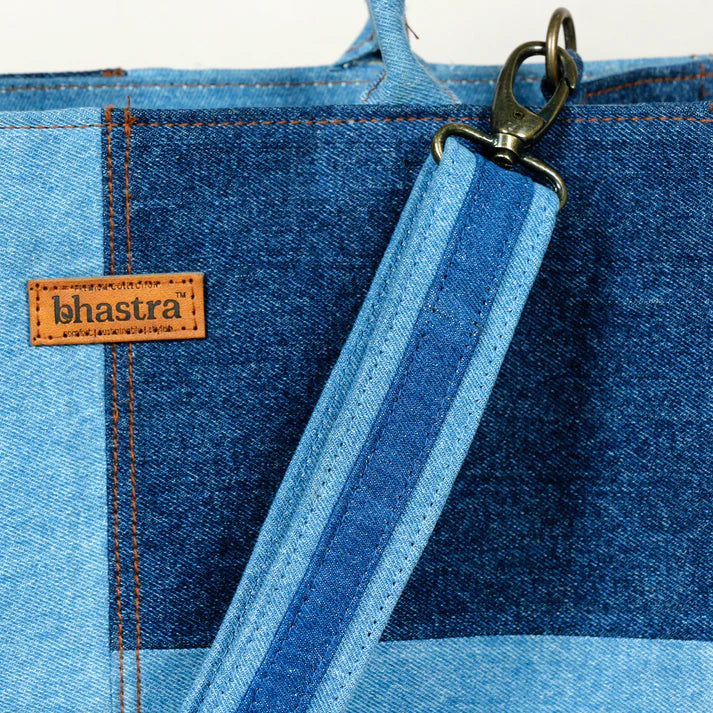 Denim Fringe Box Tote Bag-denim trail